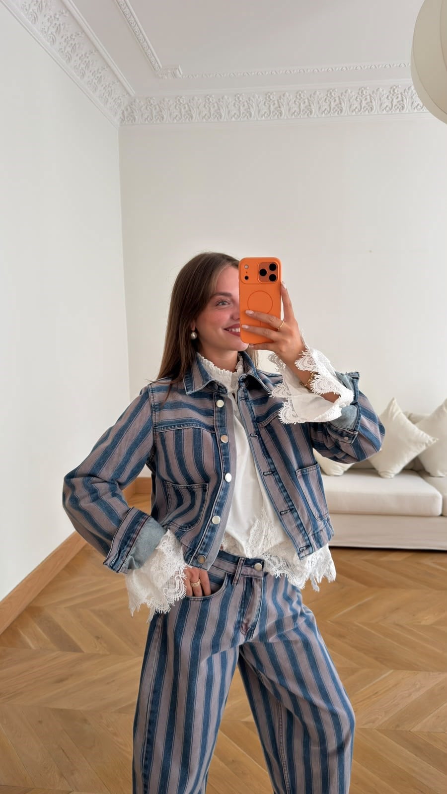 Lila Şeritli Önden Cepli Denim Ceket