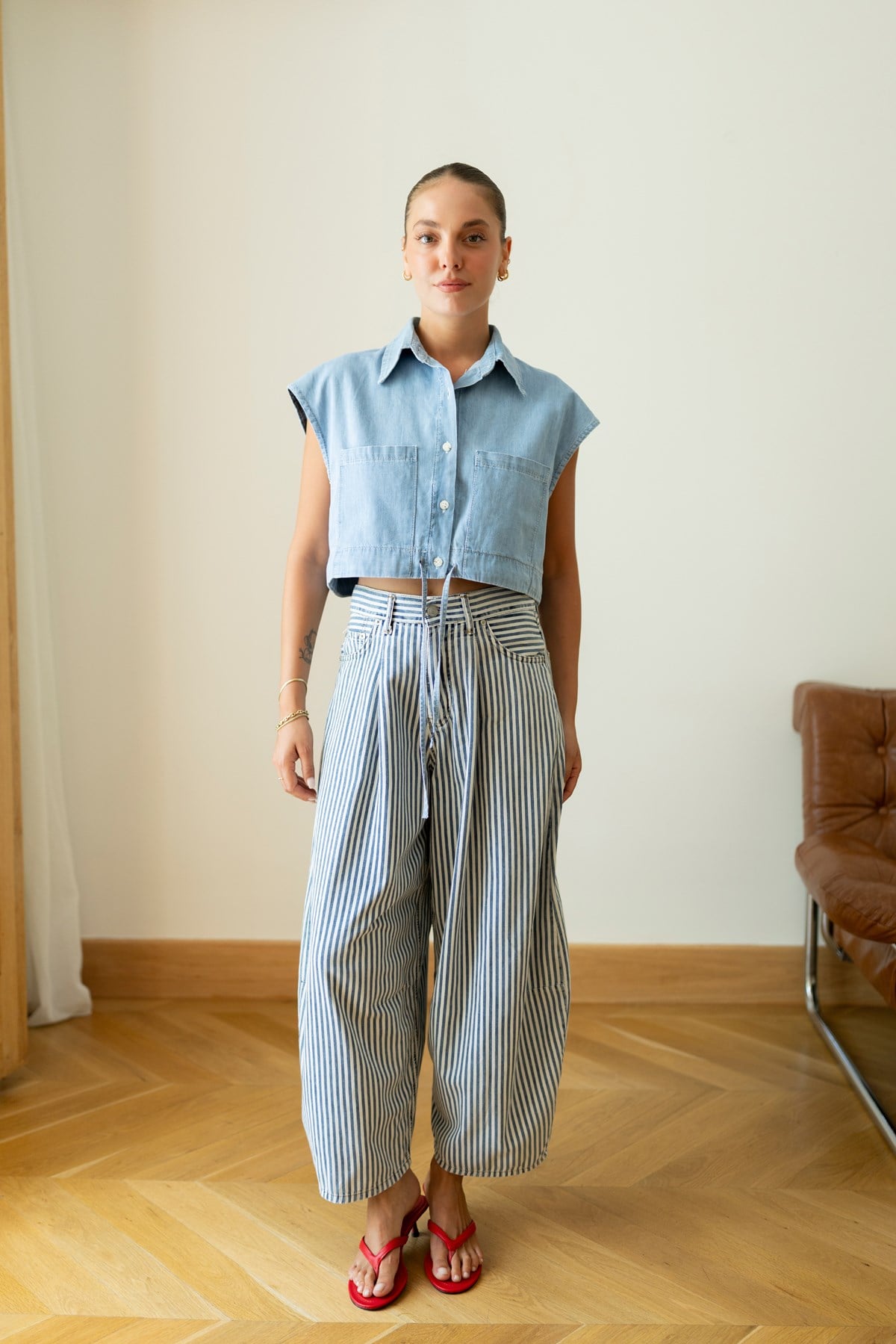 Mavi-Beyaz Çizgili Slouchy Denim Pantolon