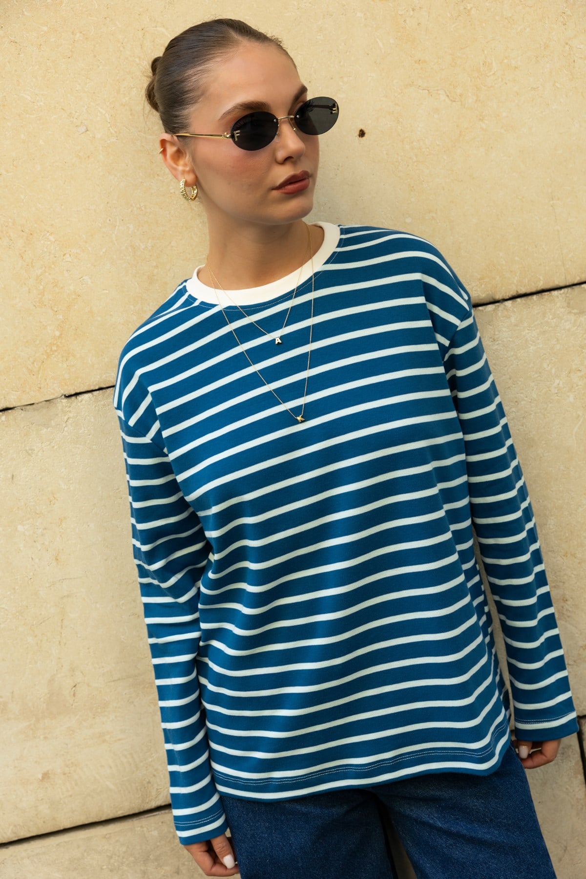 Mavi Bisiklet Yaka Çizgil Oversize Sweat