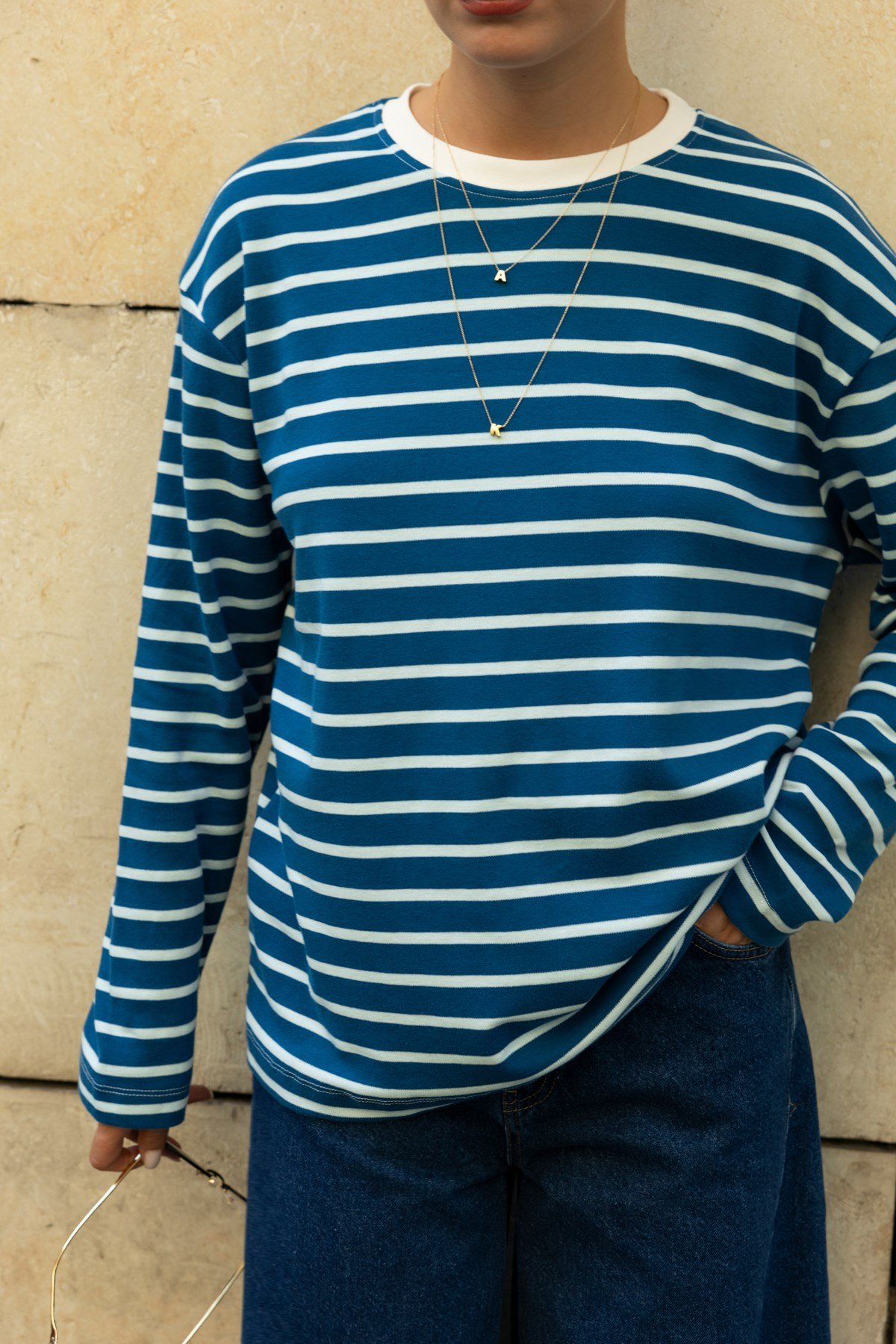 Mavi Bisiklet Yaka Çizgil Oversize Sweat