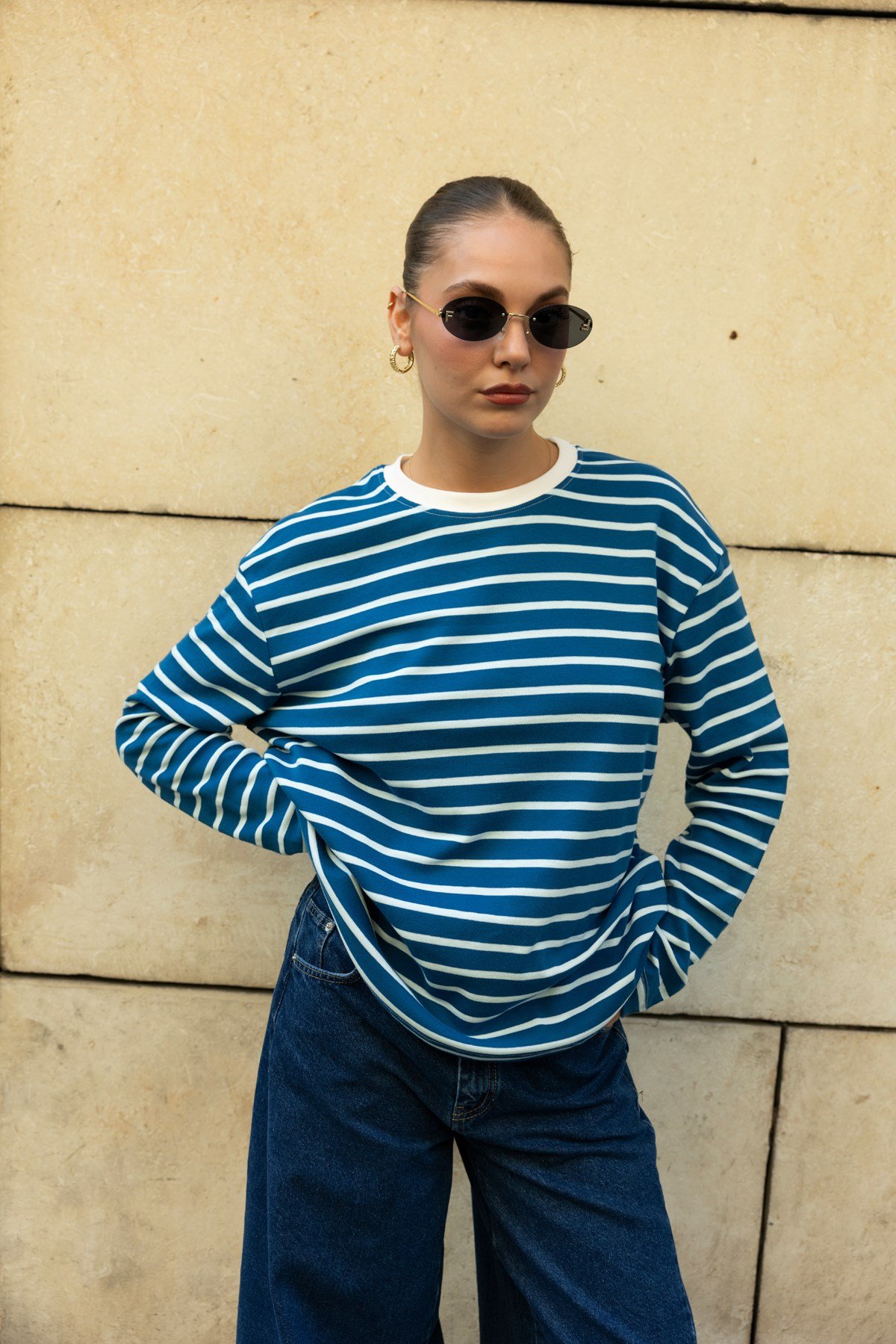 Mavi Bisiklet Yaka Çizgil Oversize Sweat