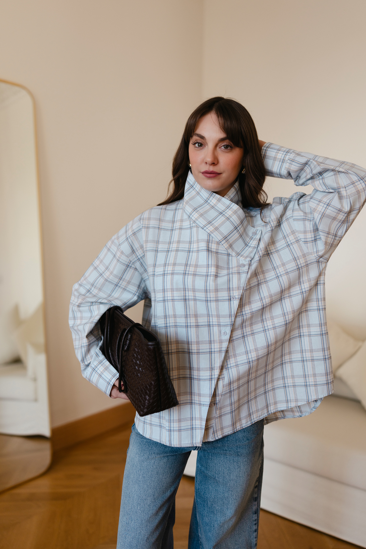 Mavi Çapraz Düğme Detaylı Oversize Gömlek