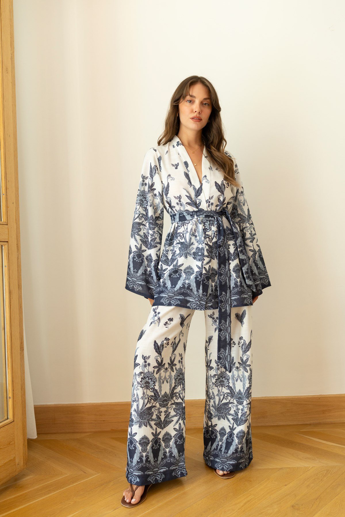 Mavi Desenli Kimono Pantolon Takım
