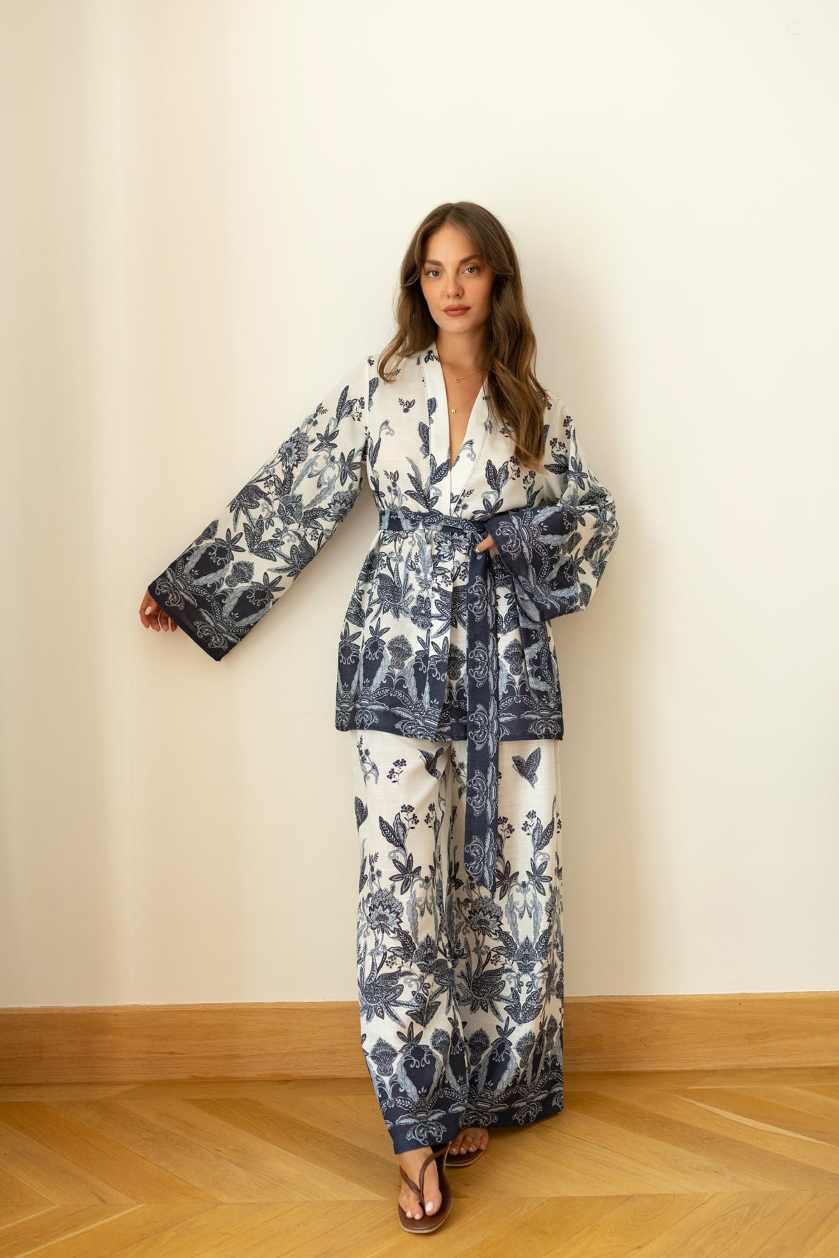 Mavi Desenli Kimono Pantolon Takım
