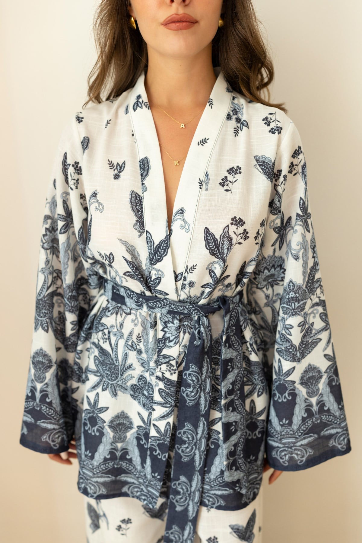 Mavi Desenli Kimono Pantolon Takım