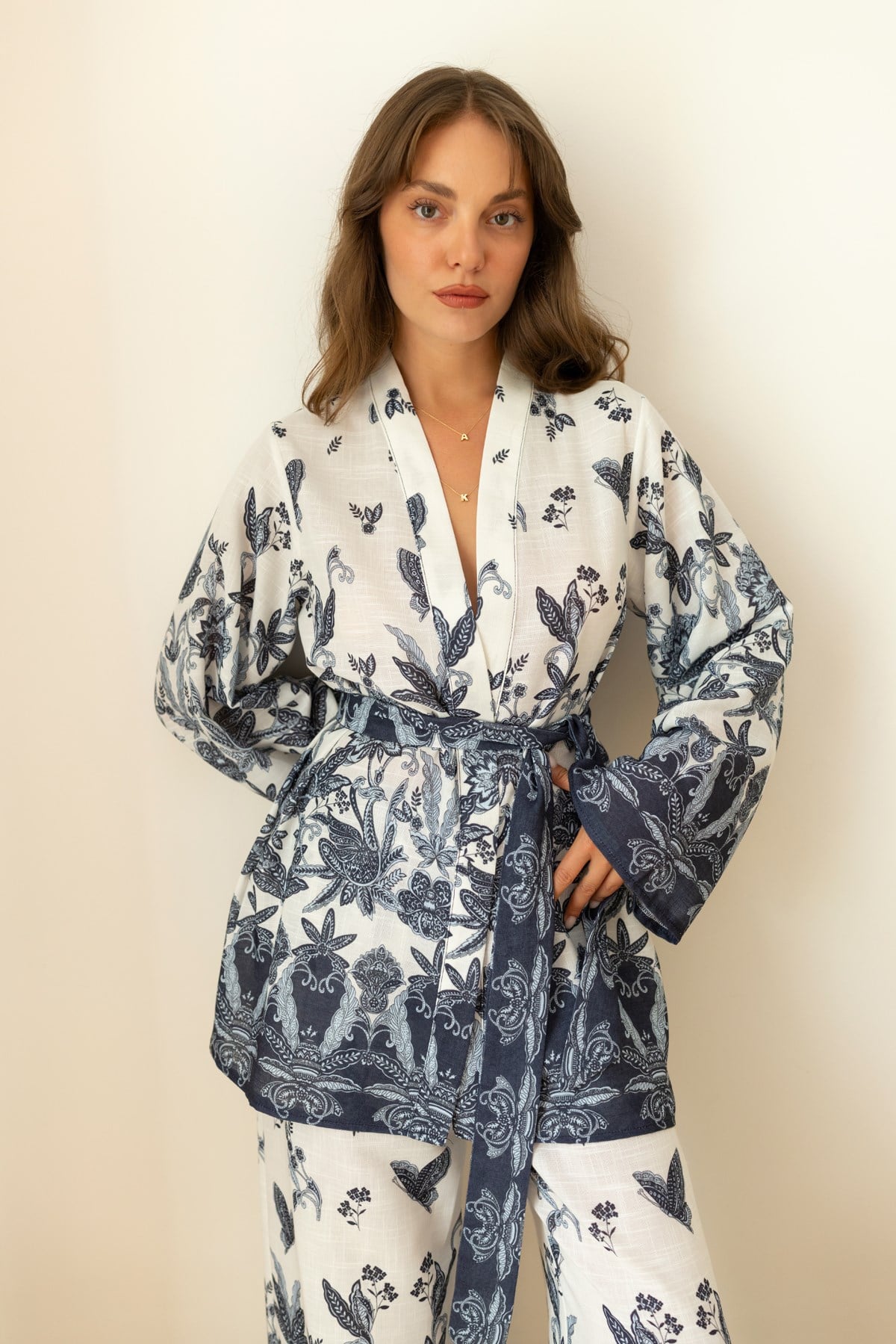 Mavi Desenli Kimono Pantolon Takım