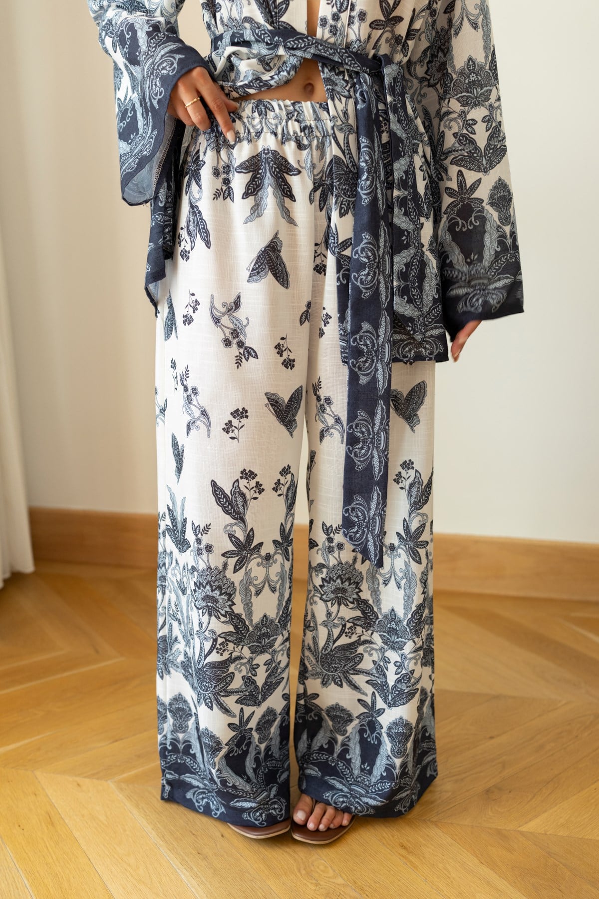 Mavi Desenli Kimono Pantolon Takım