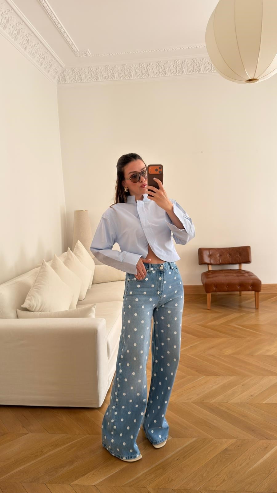 Mavi Hakim Yaka Vatkalı Crop Gömlek