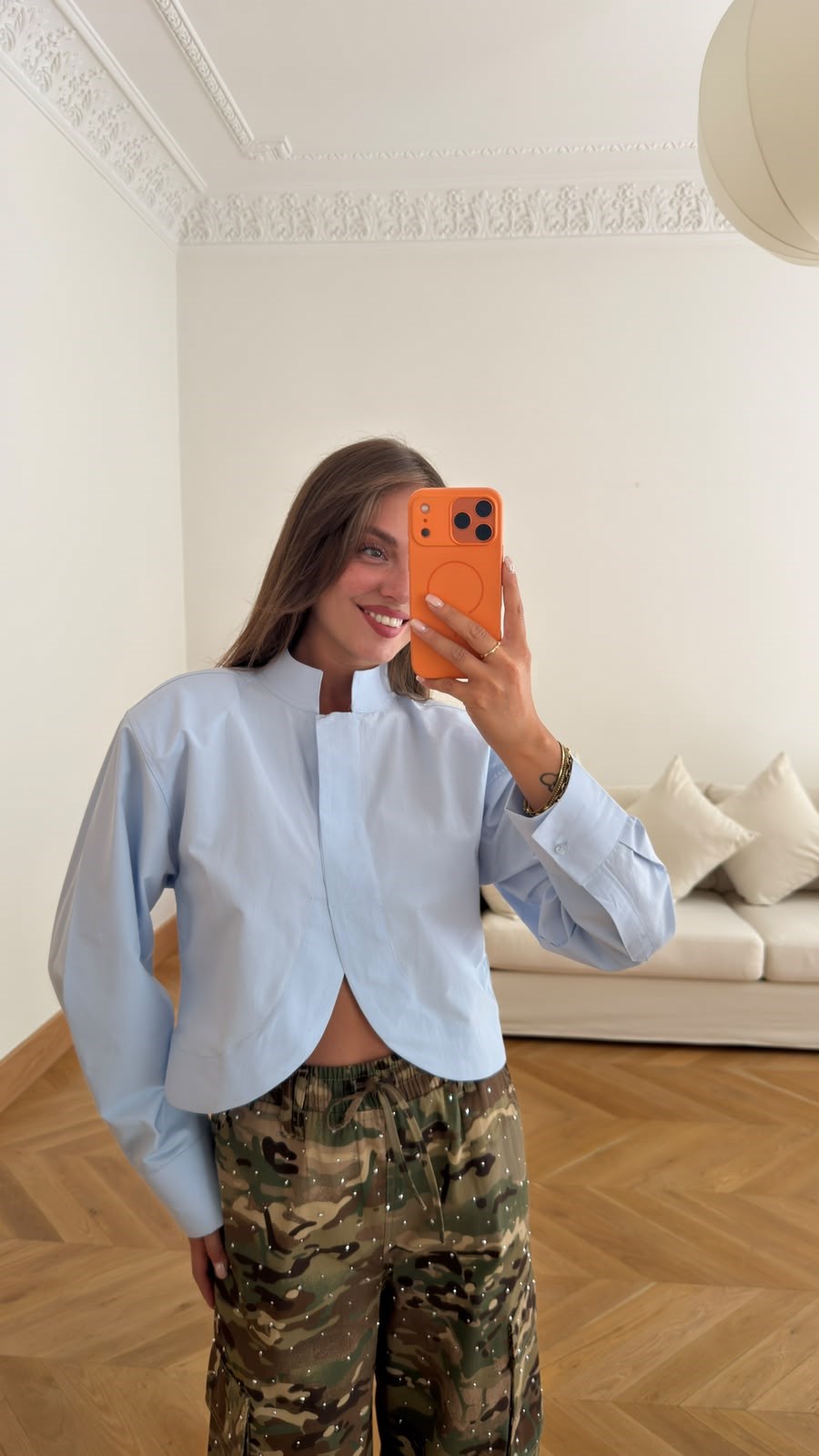 Mavi Hakim Yaka Vatkalı Crop Gömlek