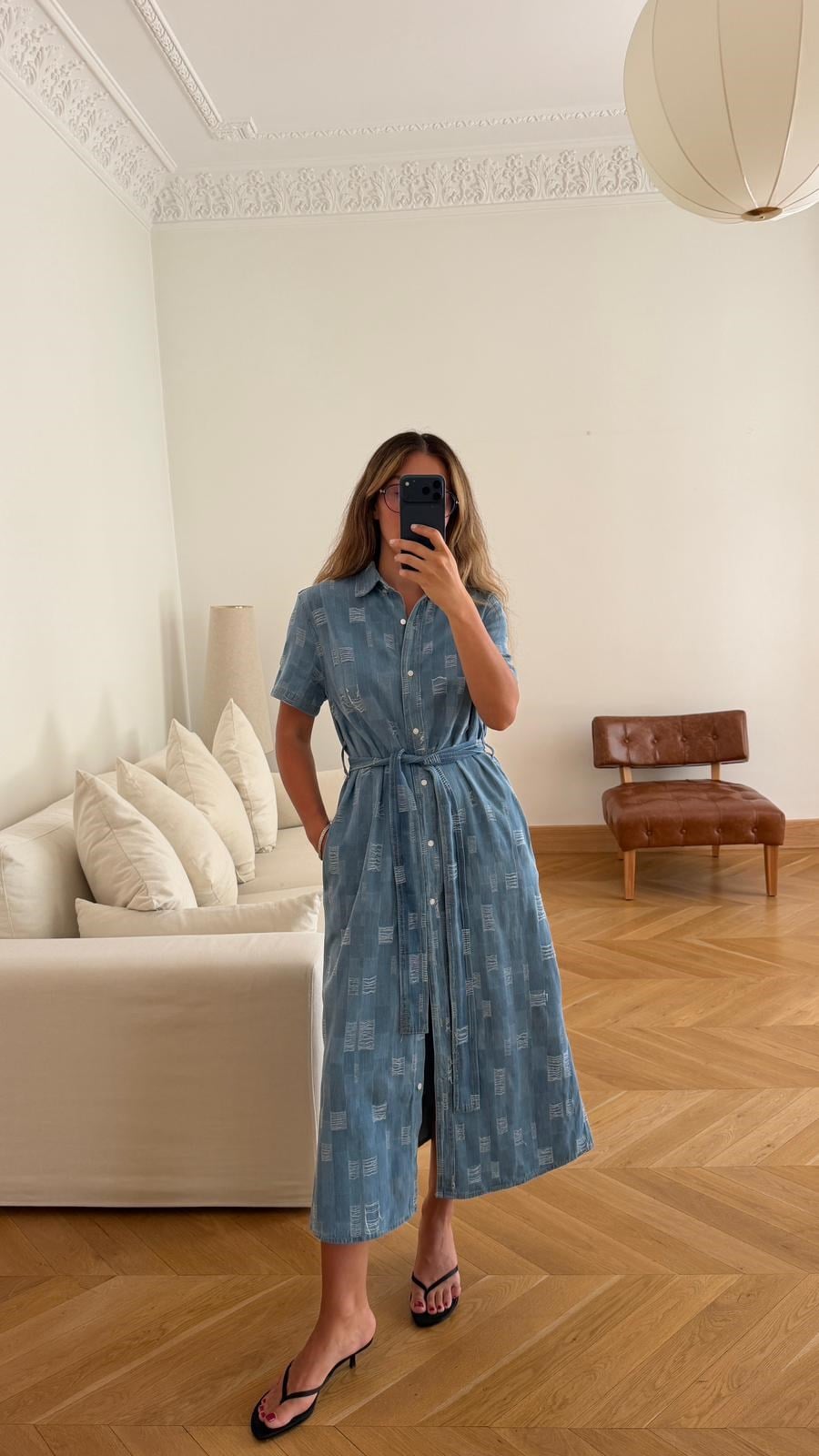 Mavi İp Detaylı Denim Gömlek Elbise