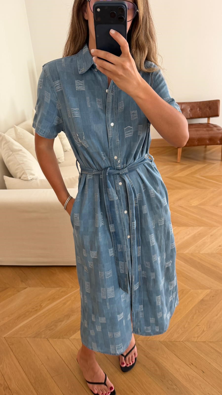 Mavi İp Detaylı Denim Gömlek Elbise
