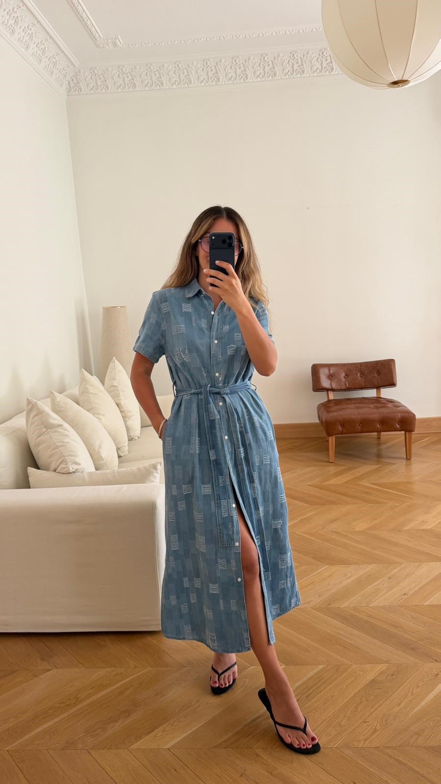 Mavi İp Detaylı Denim Gömlek Elbise