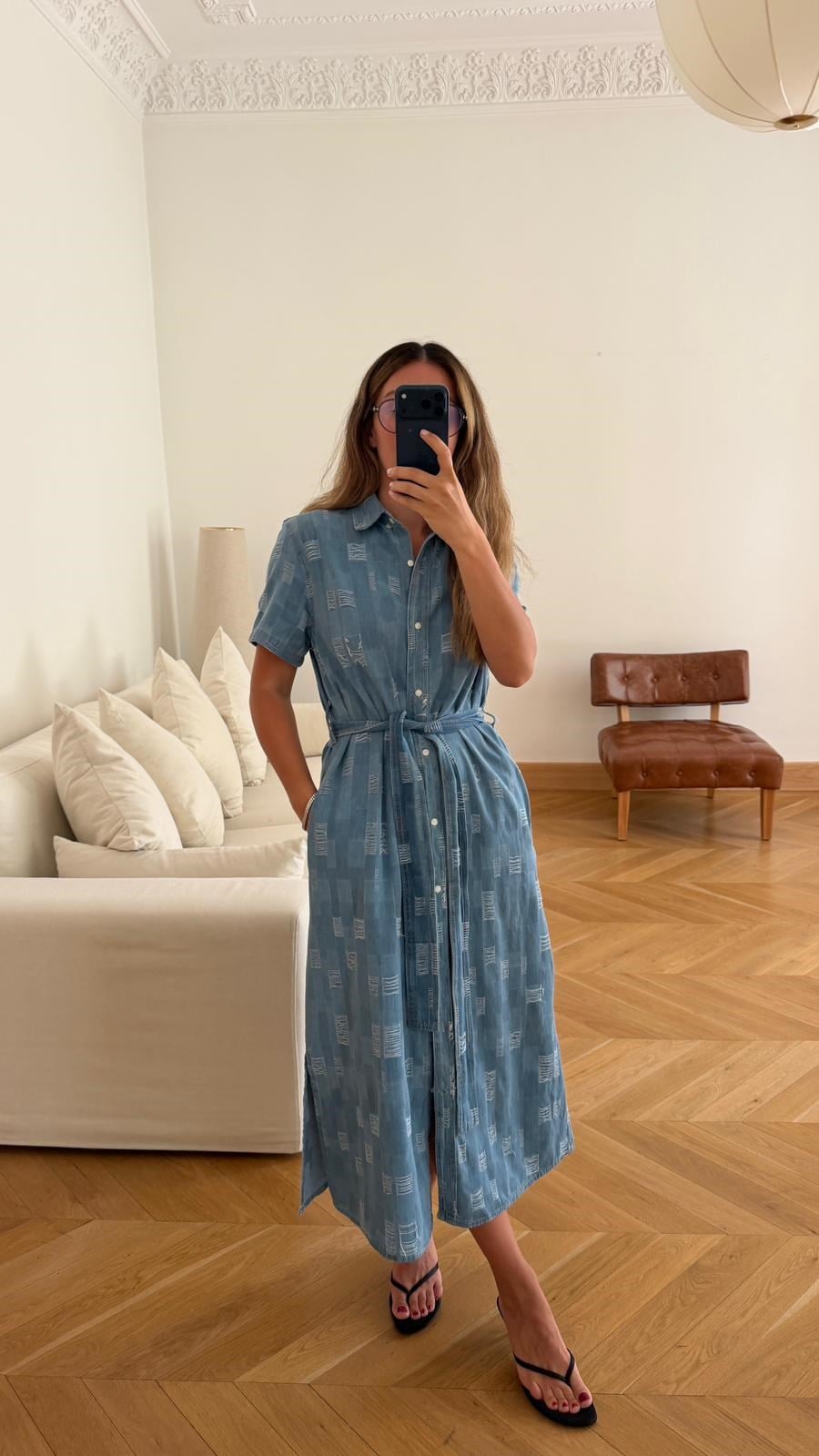 Mavi İp Detaylı Denim Gömlek Elbise