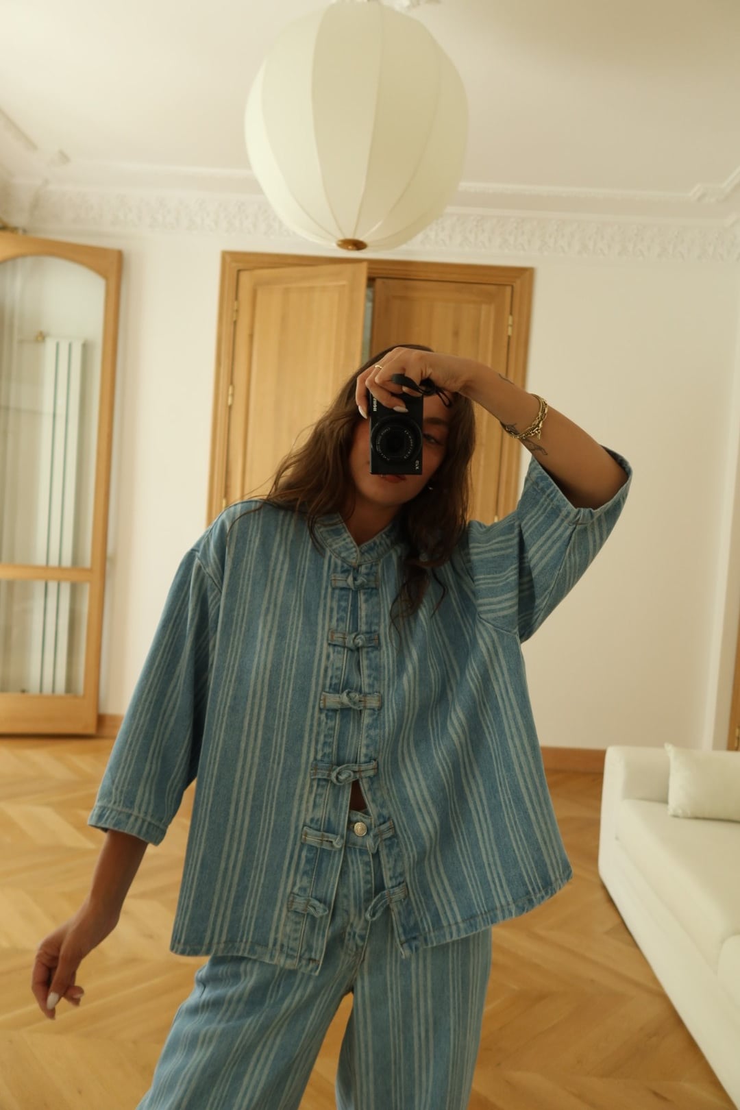 Mavi Japon Düğme Detaylı Gömlek Pantolon Çizgili Denim Takım