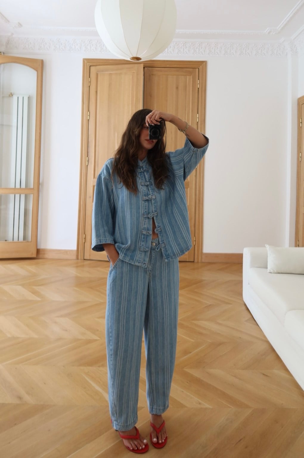 Mavi Japon Düğme Detaylı Gömlek Pantolon Çizgili Denim Takım