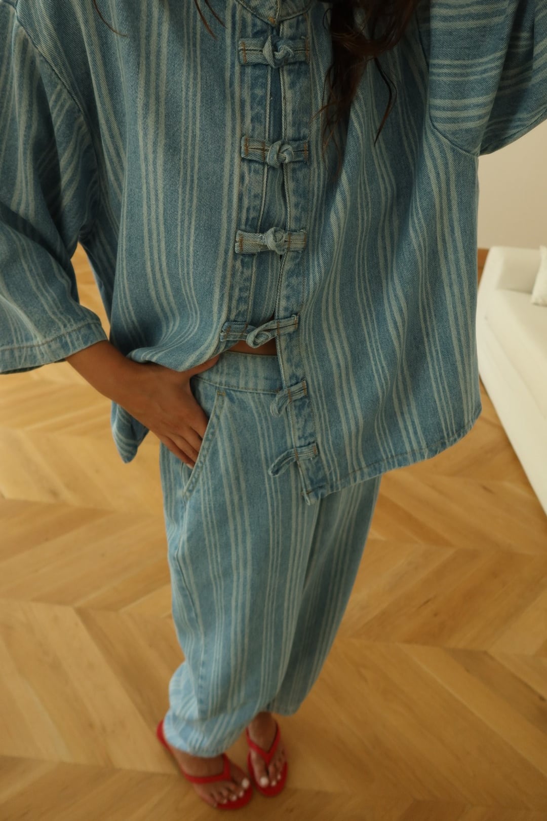 Mavi Japon Düğme Detaylı Gömlek Pantolon Çizgili Denim Takım