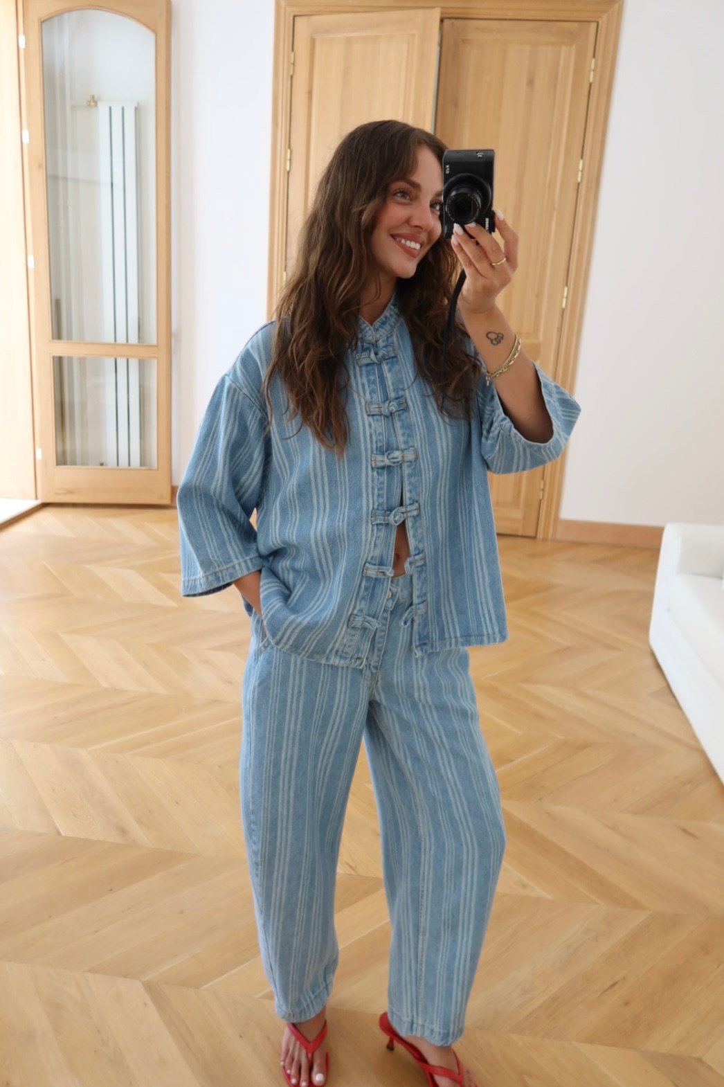 Mavi Japon Düğme Detaylı Gömlek Pantolon Çizgili Denim Takım