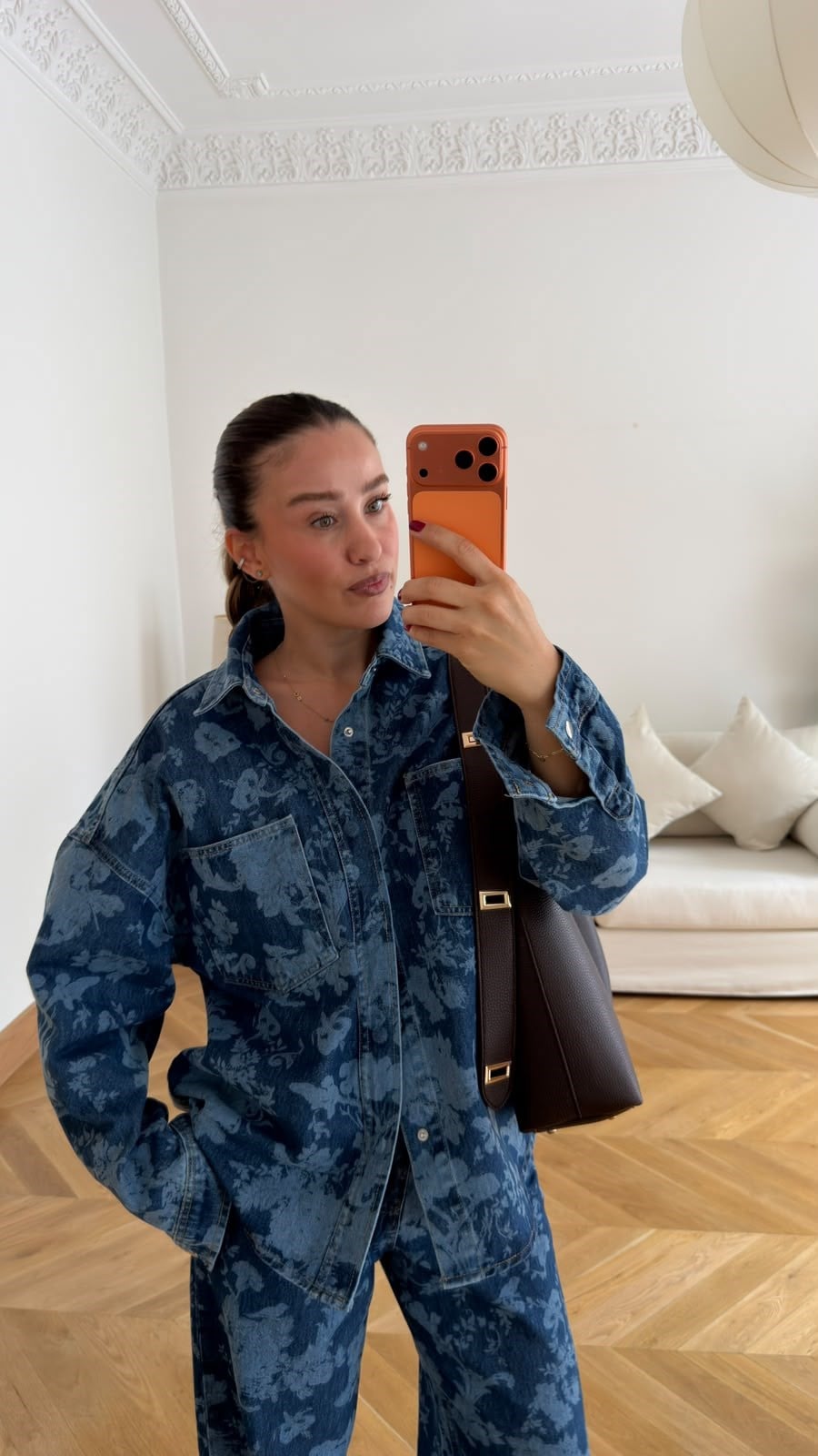 Mavi Önden İki Cepli Desenli Denim Gömlek