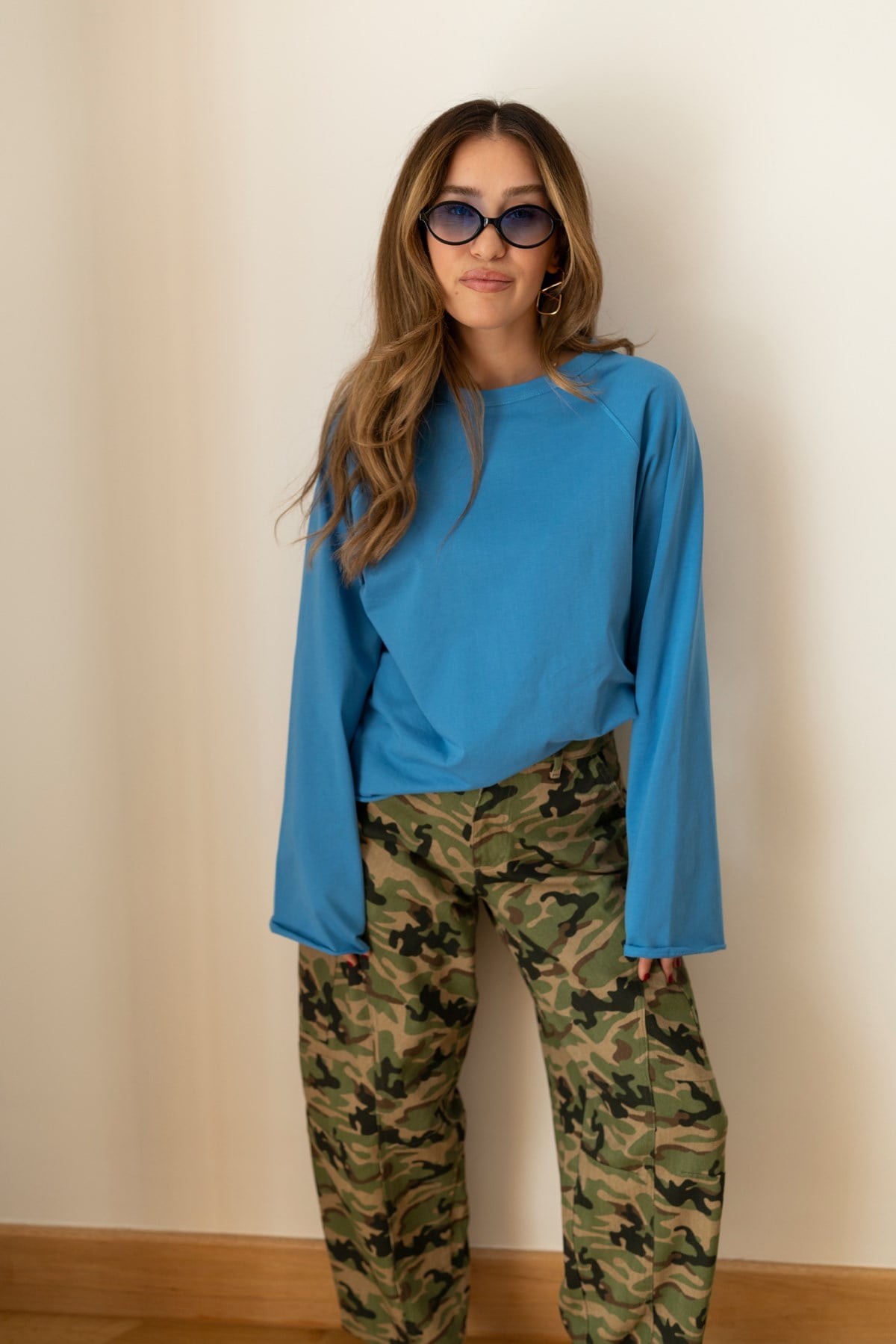 Mavi Oversize İspanyol Kol Basic T-Shirt
