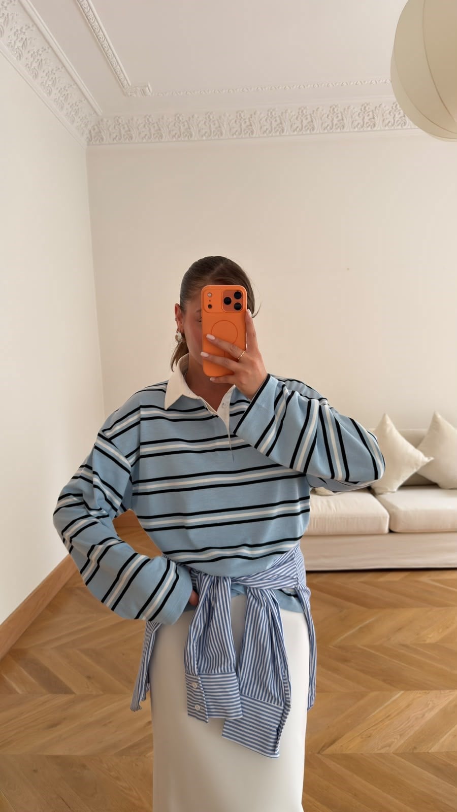 Mavi Polo Yaka Çizgili SweatShirt