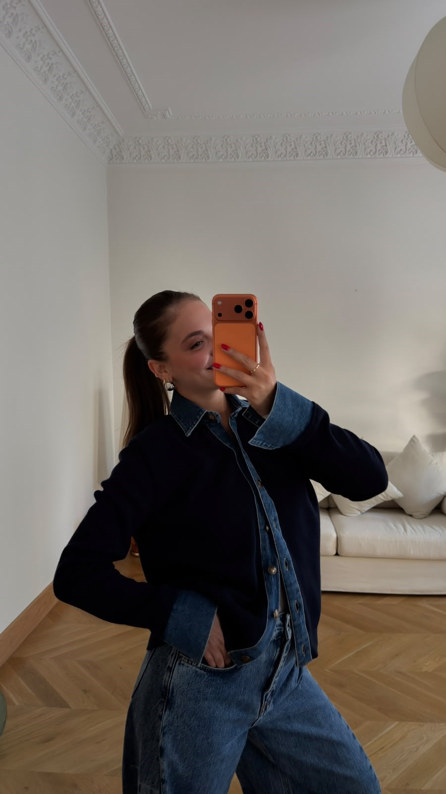 Mavi Polo Yaka Denim Detaylı Hırka
