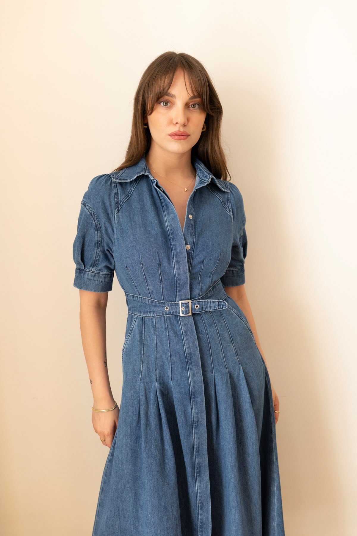 Mavi Polo Yaka Kemerli YandAN Cepli Çıt Çıt Düğmeli Denim Elbise
