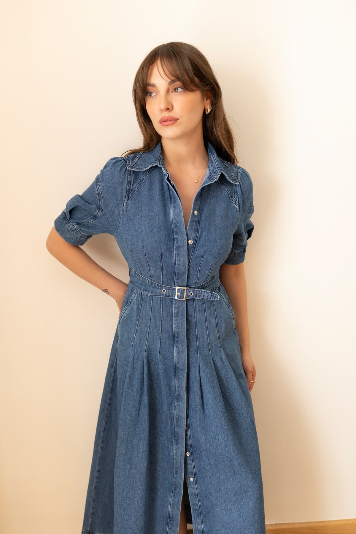 Mavi Polo Yaka Kemerli YandAN Cepli Çıt Çıt Düğmeli Denim Elbise