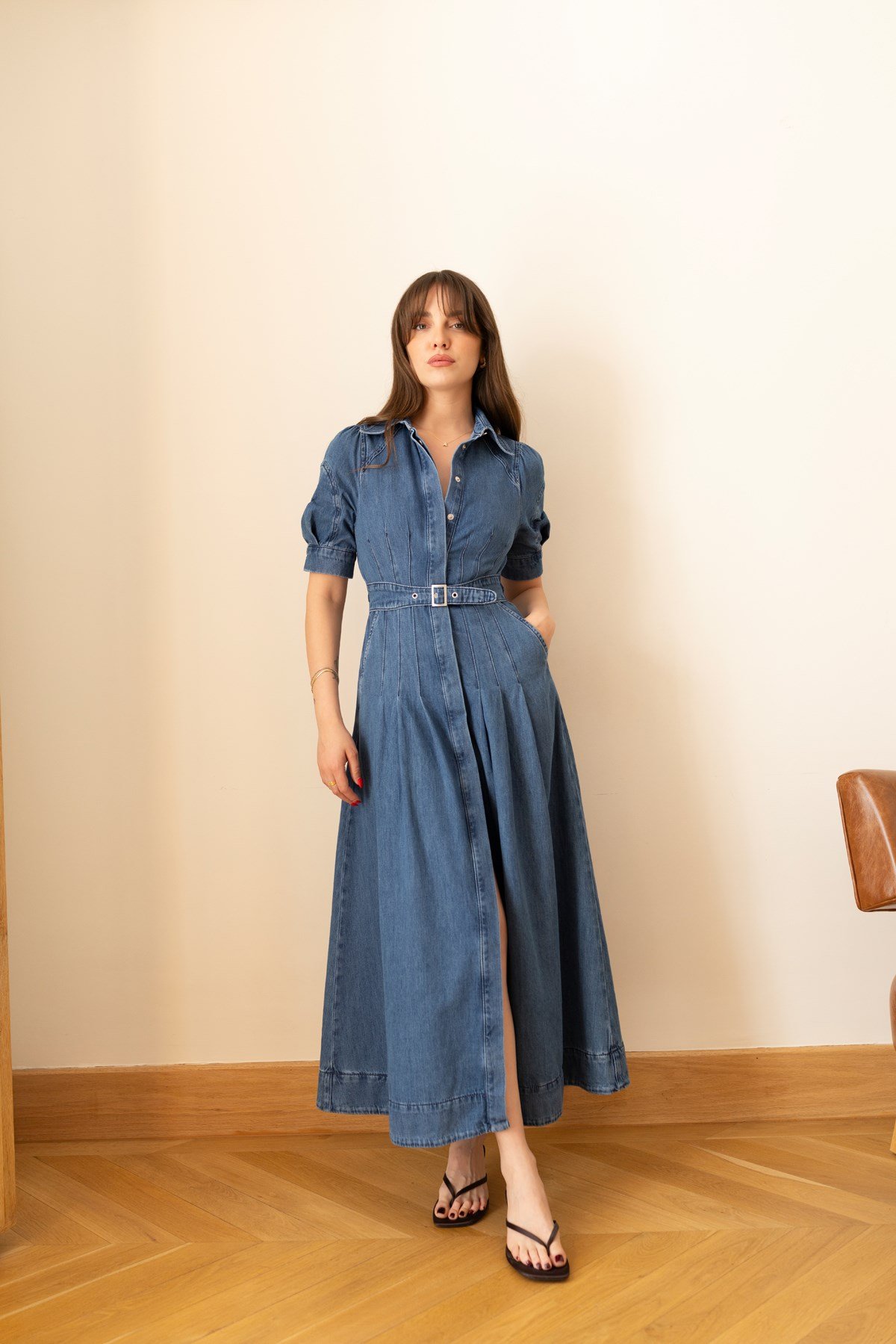 Mavi Polo Yaka Kemerli YandAN Cepli Çıt Çıt Düğmeli Denim Elbise