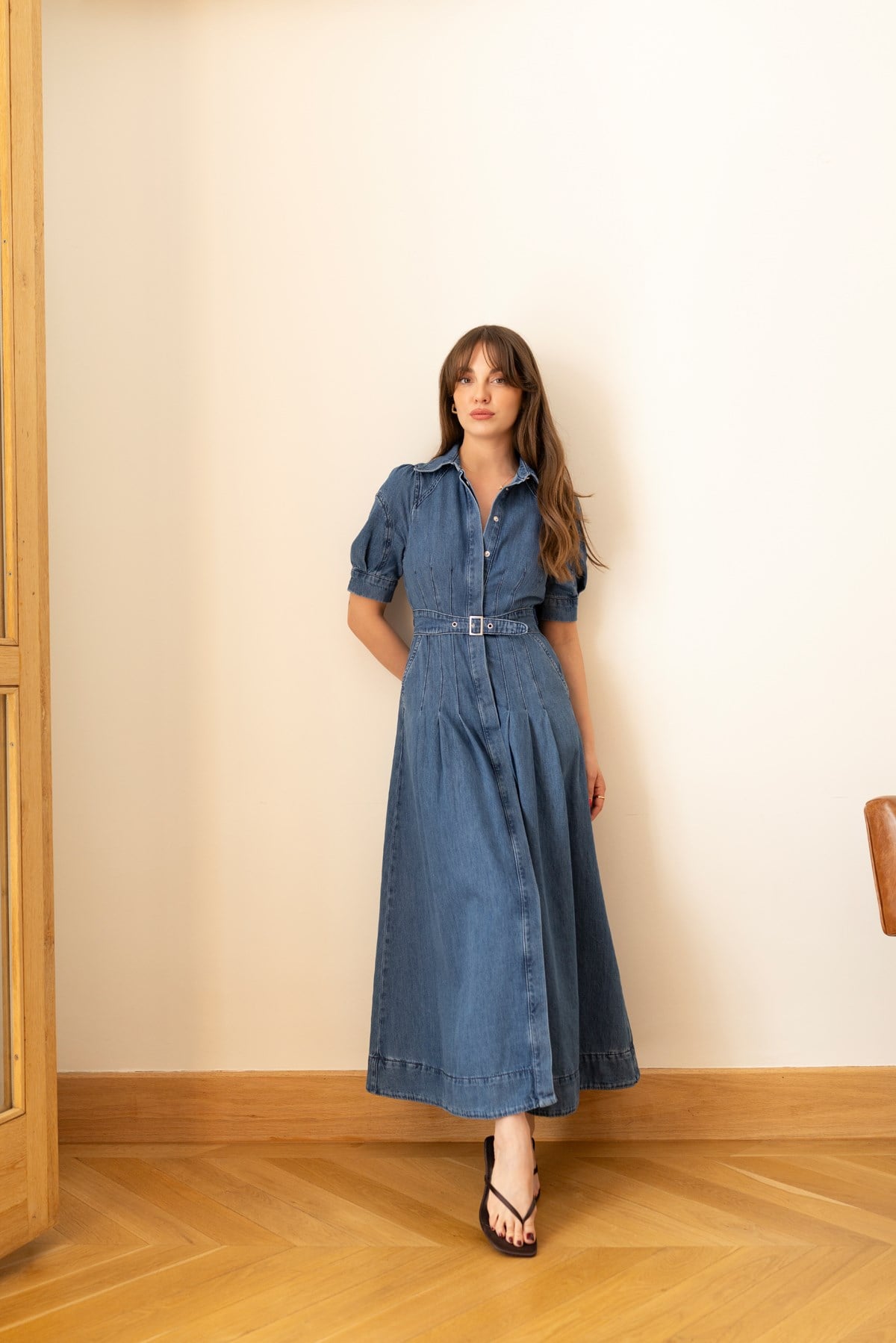 Mavi Polo Yaka Kemerli YandAN Cepli Çıt Çıt Düğmeli Denim Elbise