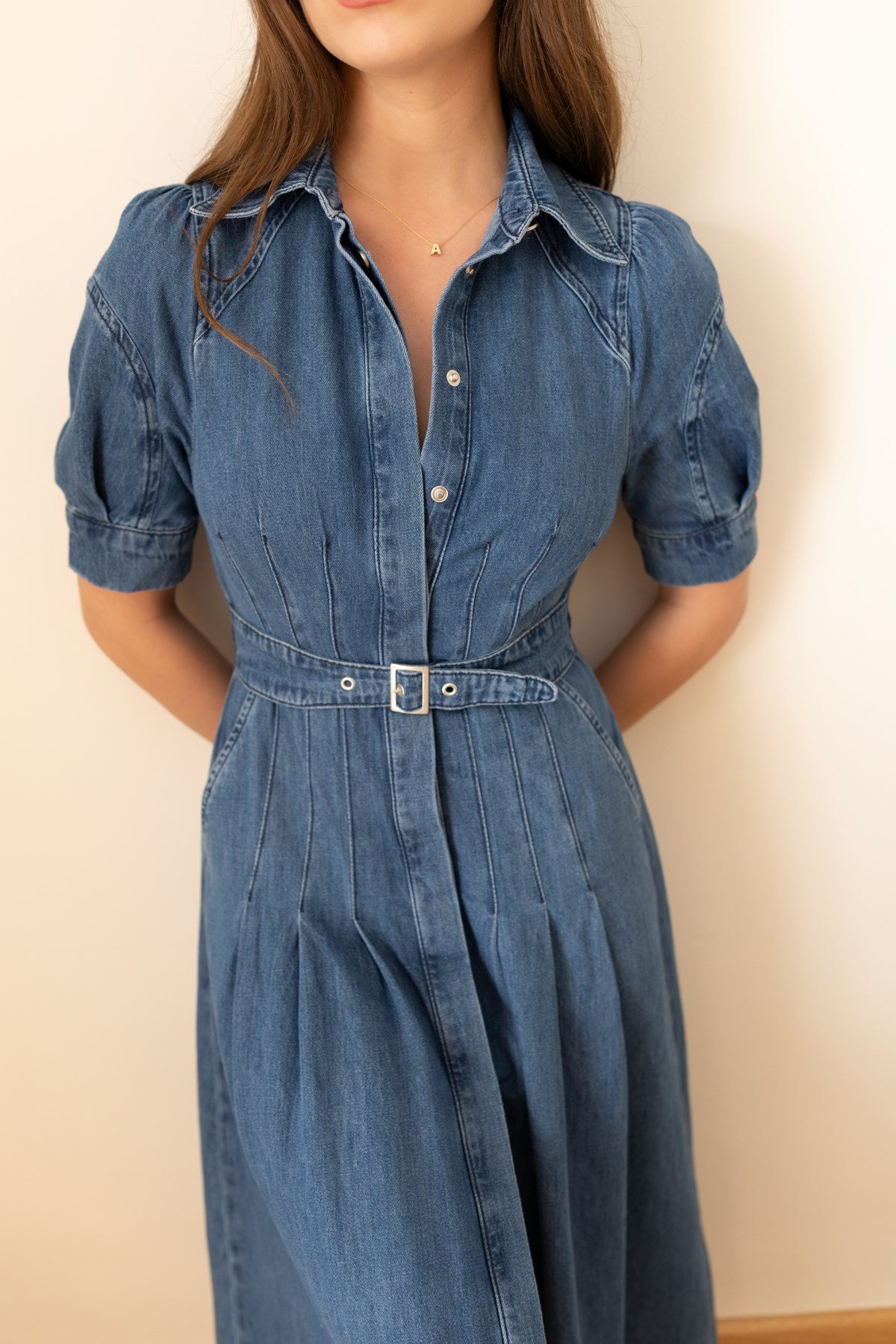 Mavi Polo Yaka Kemerli YandAN Cepli Çıt Çıt Düğmeli Denim Elbise