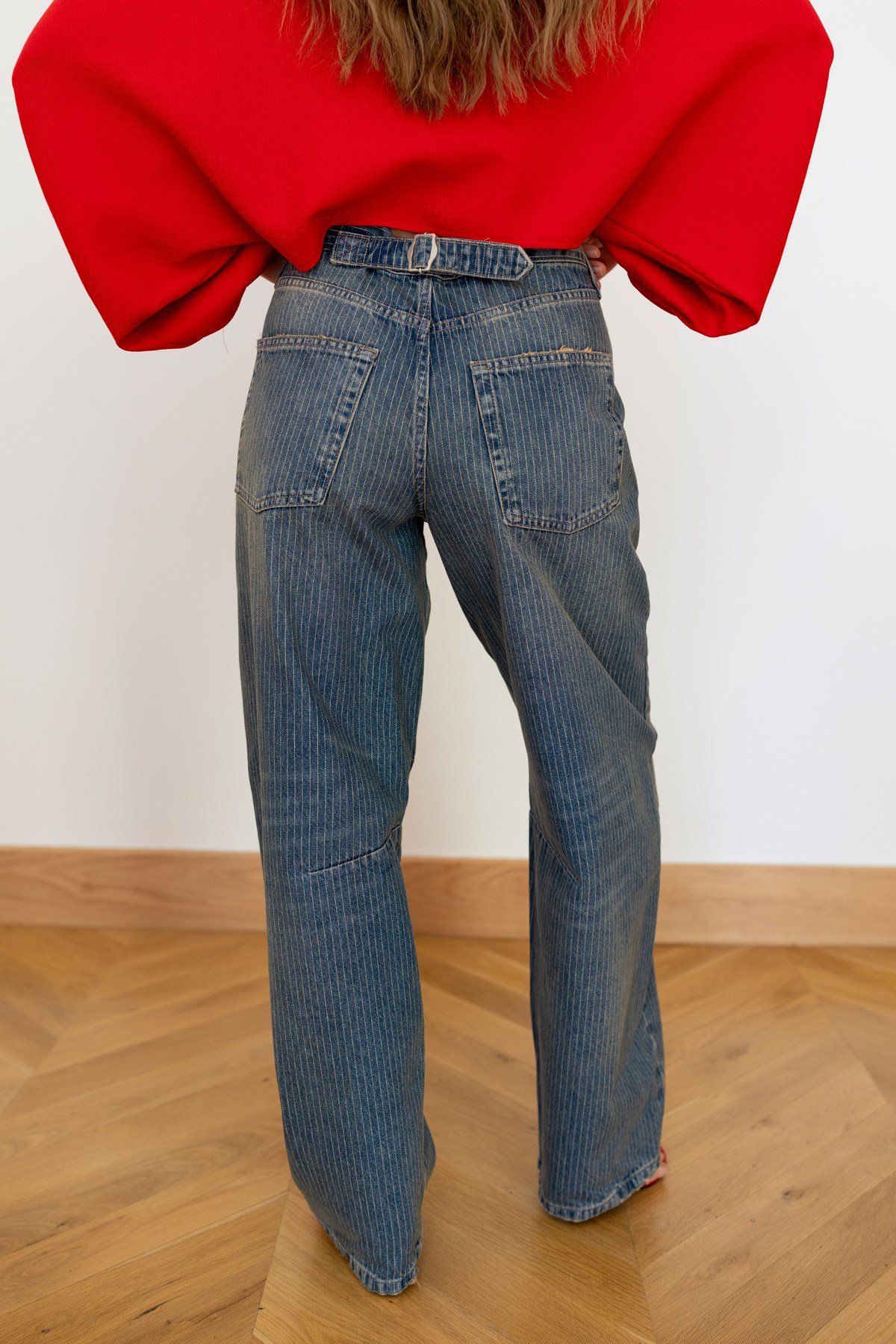 Mavi Yüksek Bel Beli Tokalı Çizgili Slouchy Jean Pantolon