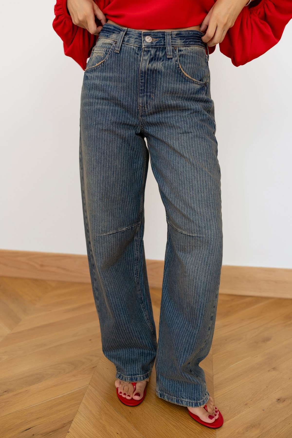 Mavi Yüksek Bel Beli Tokalı Çizgili Slouchy Jean Pantolon