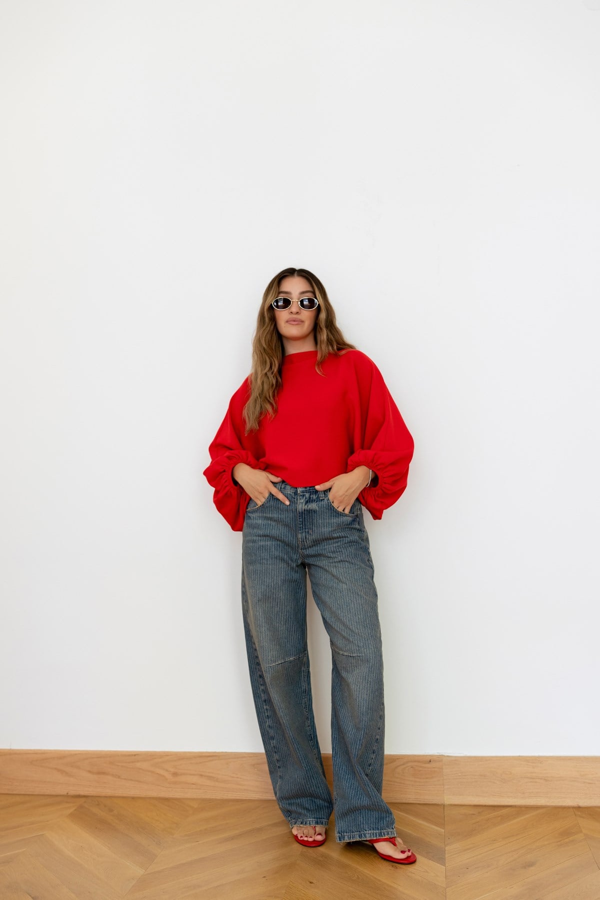 Mavi Yüksek Bel Beli Tokalı Çizgili Slouchy Jean Pantolon