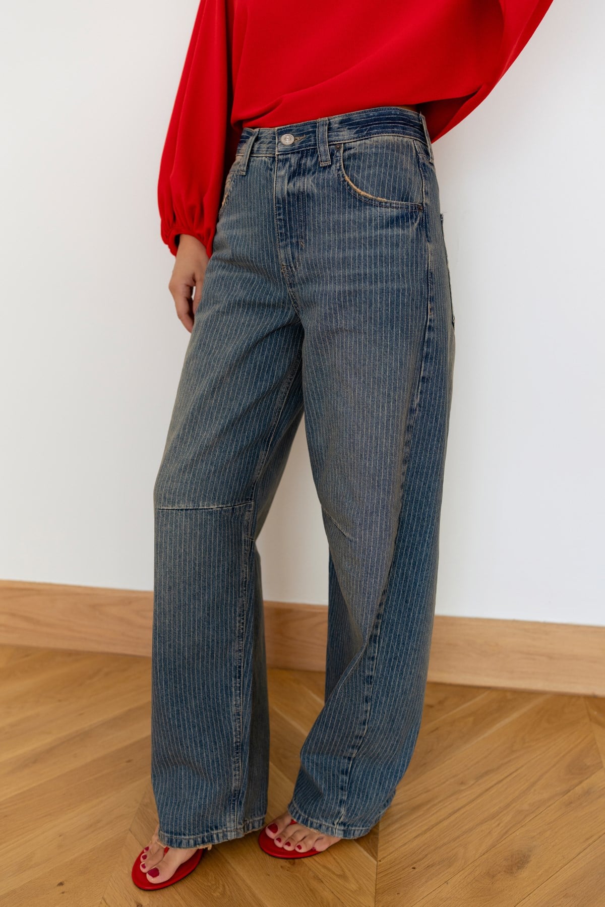 Mavi Yüksek Bel Beli Tokalı Çizgili Slouchy Jean Pantolon