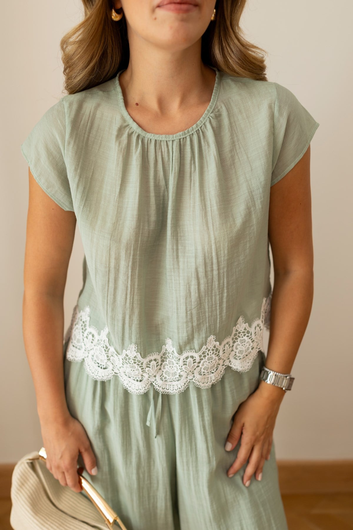 Mint Yeşili Dantel Detaylı Bluz Ve Paçası Lastikli Pantolon Takım