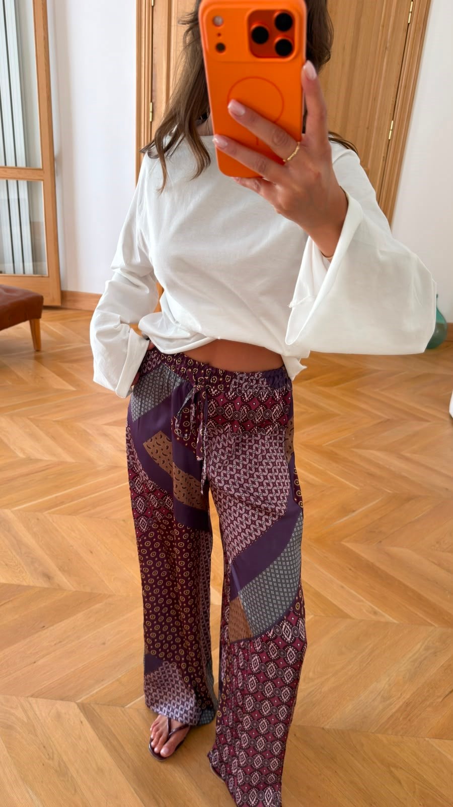 Mor Beli Lastikli Etnik Desen Bol Paça Saten Pantolon