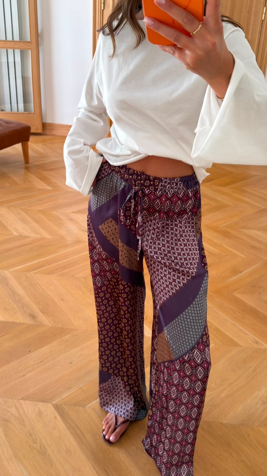 Mor Beli Lastikli Etnik Desen Bol Paça Saten Pantolon