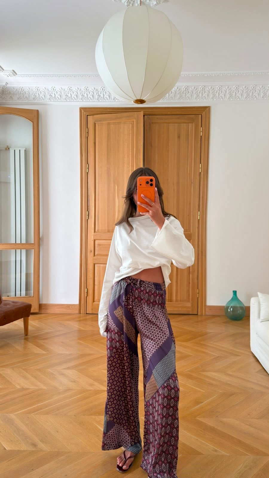 Mor Beli Lastikli Etnik Desen Bol Paça Saten Pantolon