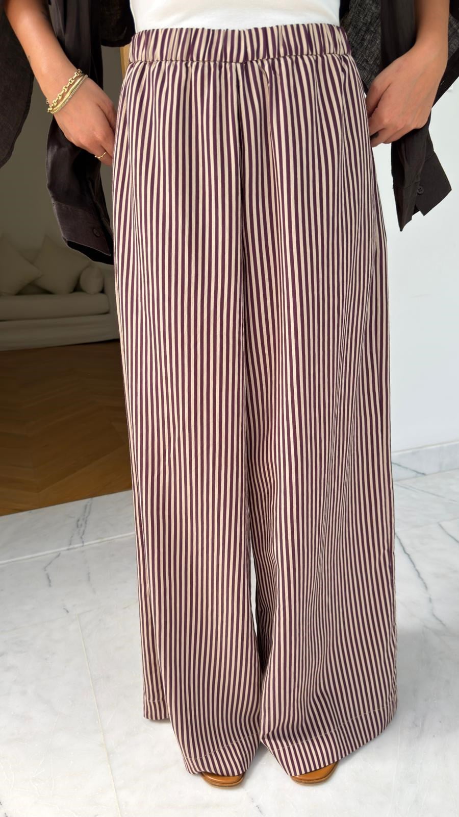 Mürdüm Beli Lastikli Bol Paça Çizgili Pantolon
