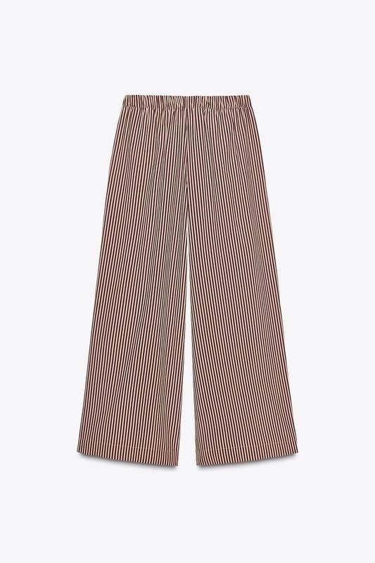 Mürdüm Beli Lastikli Bol Paça Çizgili Pantolon