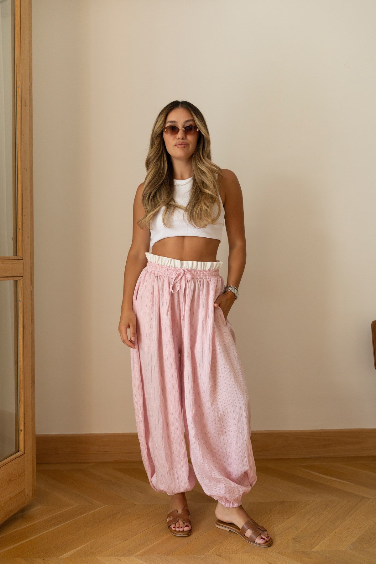 Pembe Beli Ve Paçası Lastikli Çizgili Şalvar Pantolon