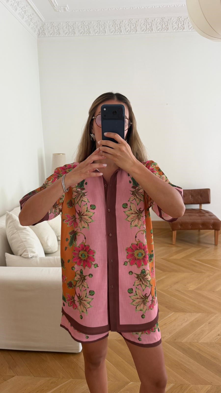 Pembe Çiçek Desenli Gömlek Şort Takım