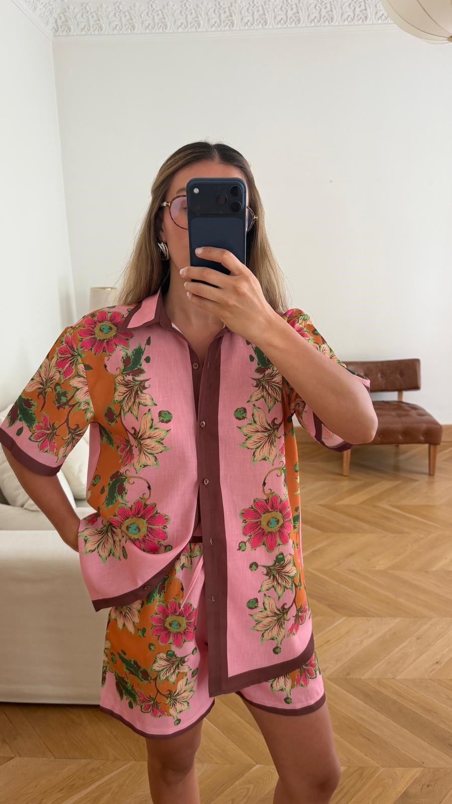 Pembe Çiçek Desenli Gömlek Şort Takım