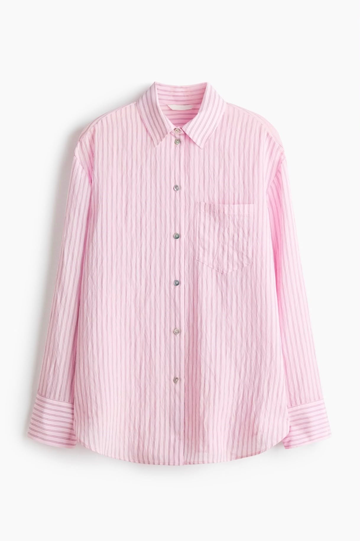 Pembe Çizgili Önden Tek Cepli Oversize Gömlek