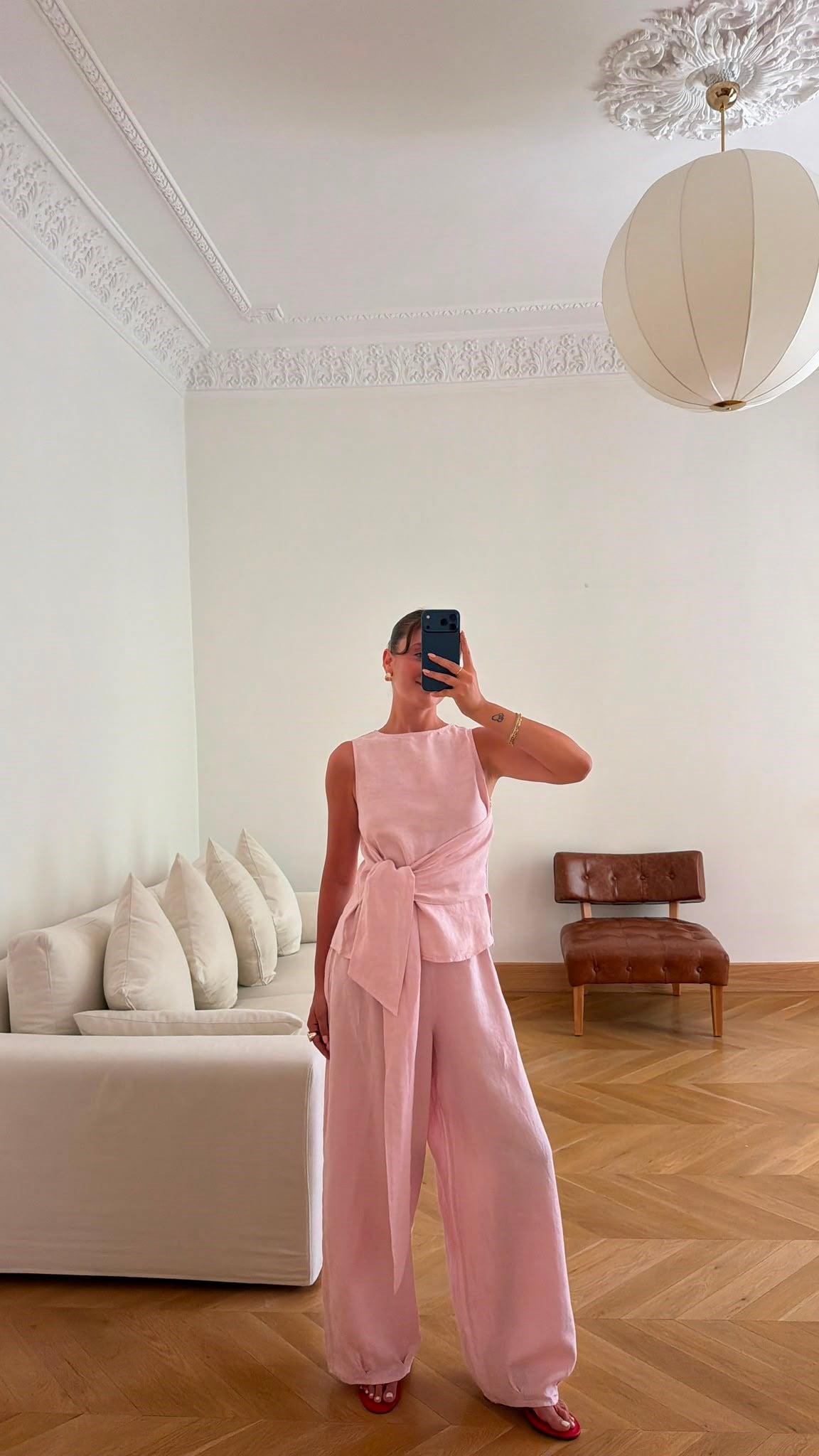 Pembe Sıfır Kol Bağlama Detaylı Bluz Pantolon Keten Takım