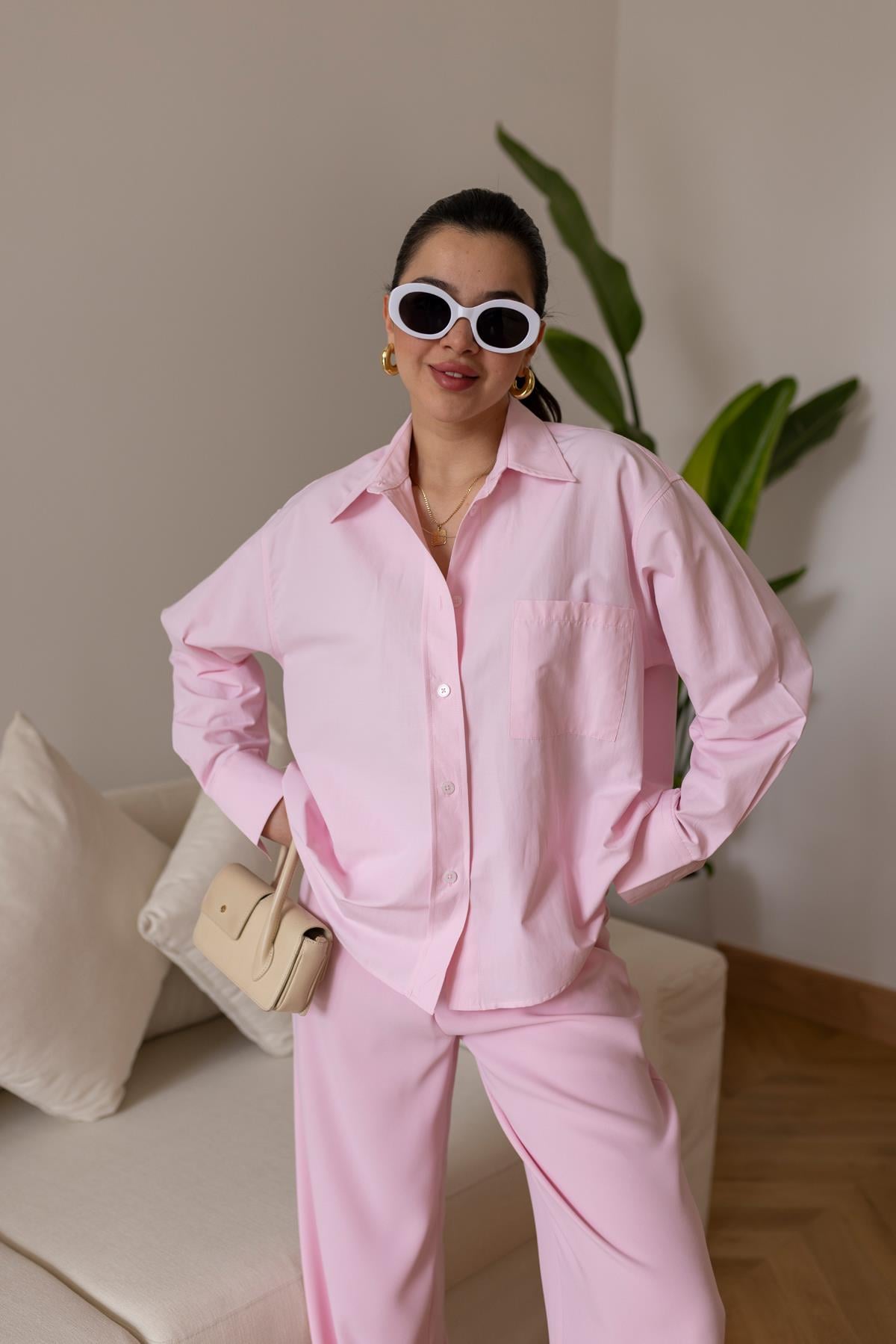 Pembe Tek Cepli Poplin Gömlek