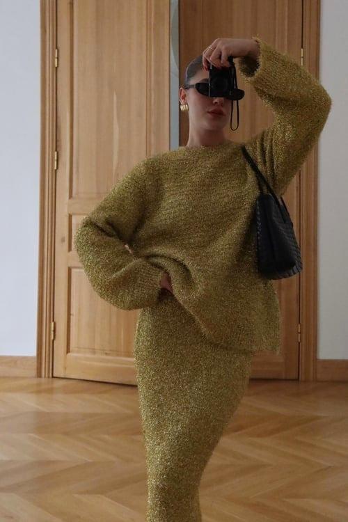 Sarı Bisiklet Yaka Oversize Parlak Bluz
