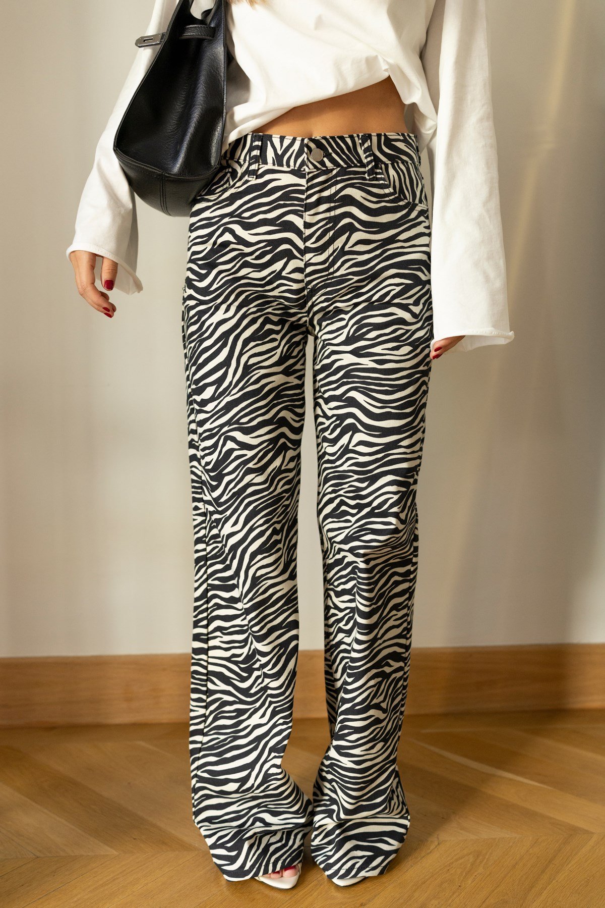 Siyah- Beyaz Yüksek Bel Zebra Desenli Palazzo Jean Pantolon