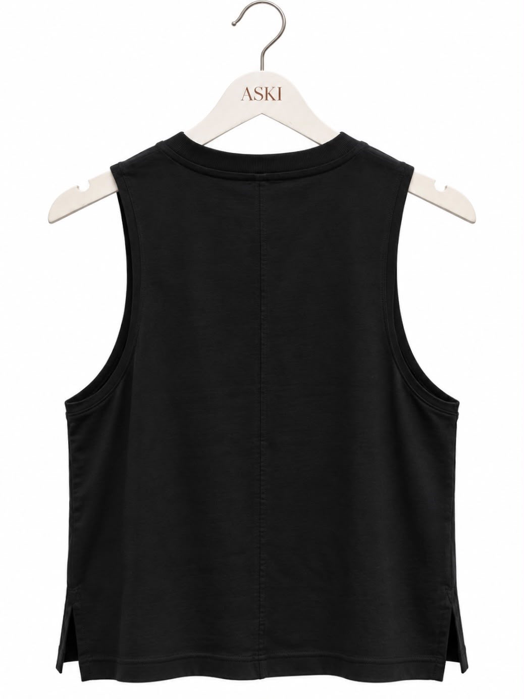 Siyah Bisiklet Yaka Sıfır Kol Yandan Yırtmaçlı T-Shirt