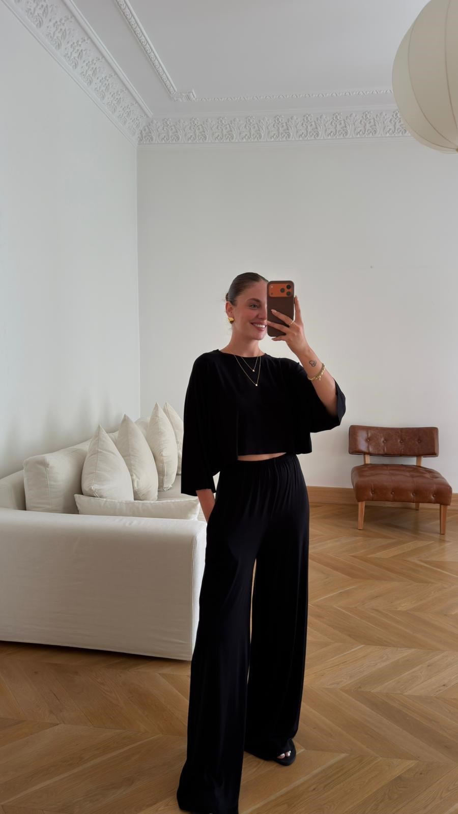 Siyah Crop Panço Bluz Pantolon Eşofman Takım
